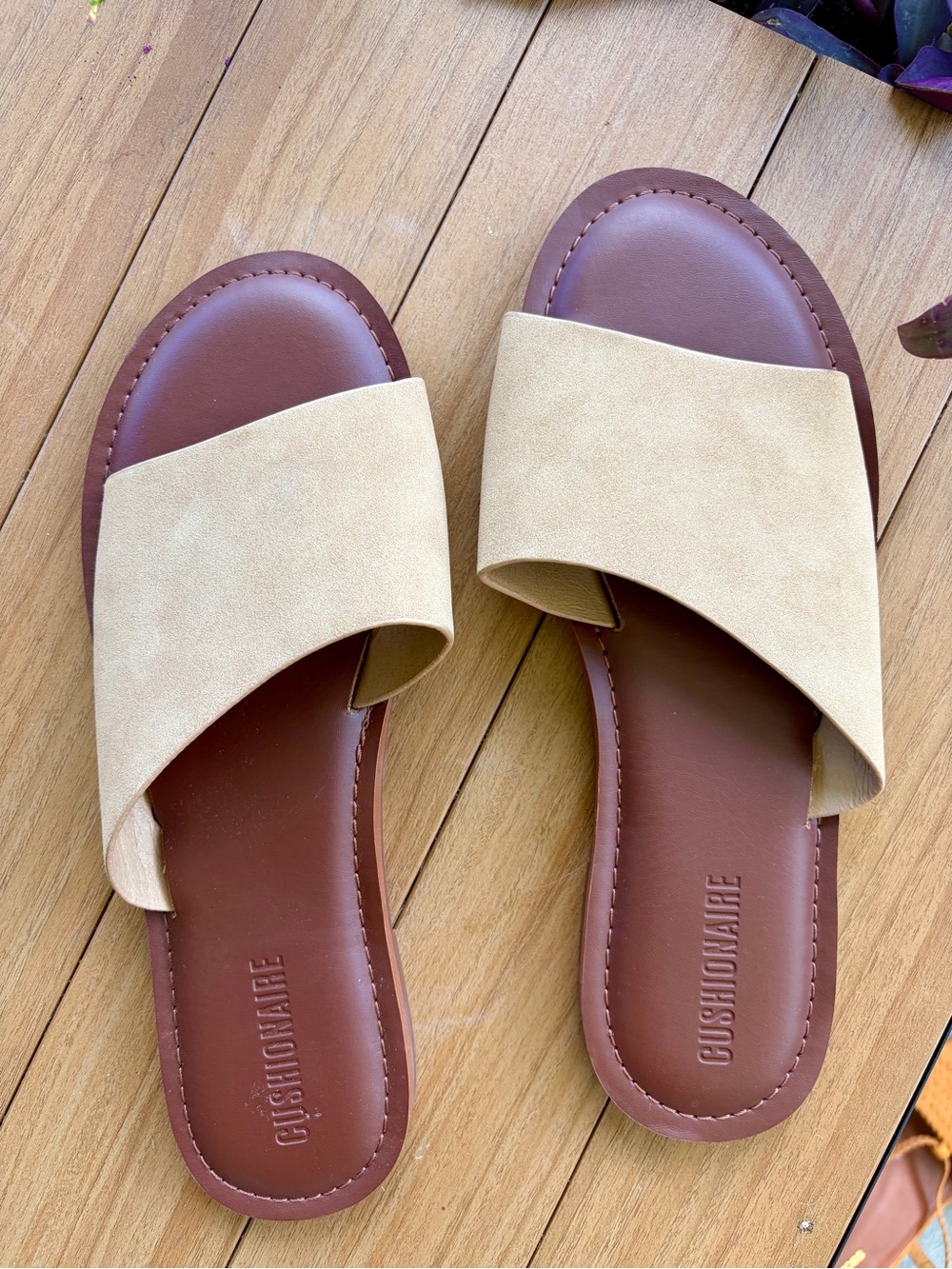 Women's Tan Slide Sandals with Wide Suede Strap - Picture 2 of 5